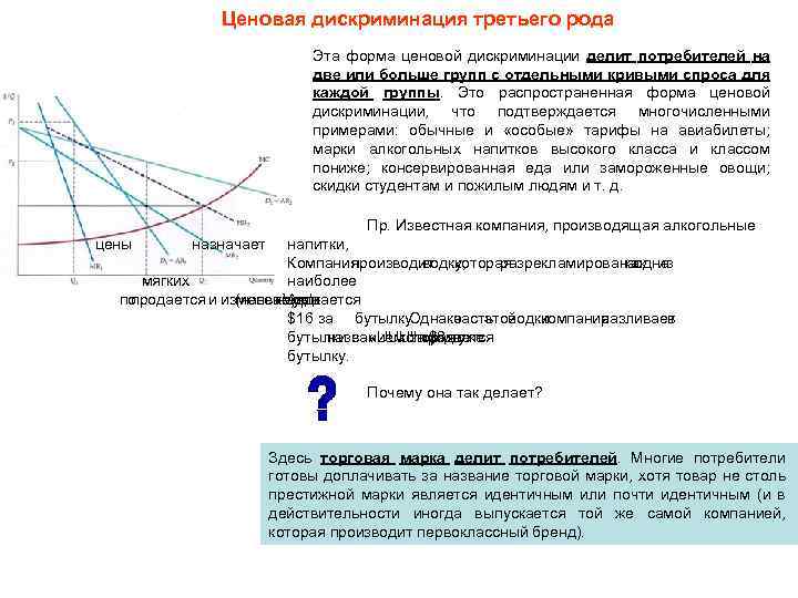 Ценовая дискриминация третьего рода Эта форма ценовой дискриминации делит потребителей на две или больше