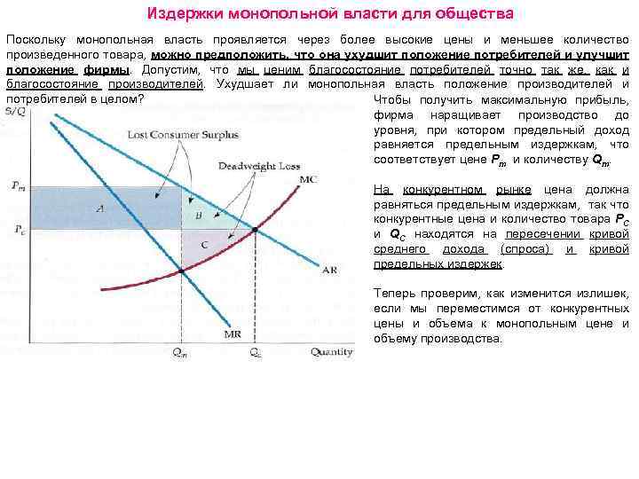Издержки монопольной власти для общества Поскольку монопольная власть проявляется через более высокие цены и