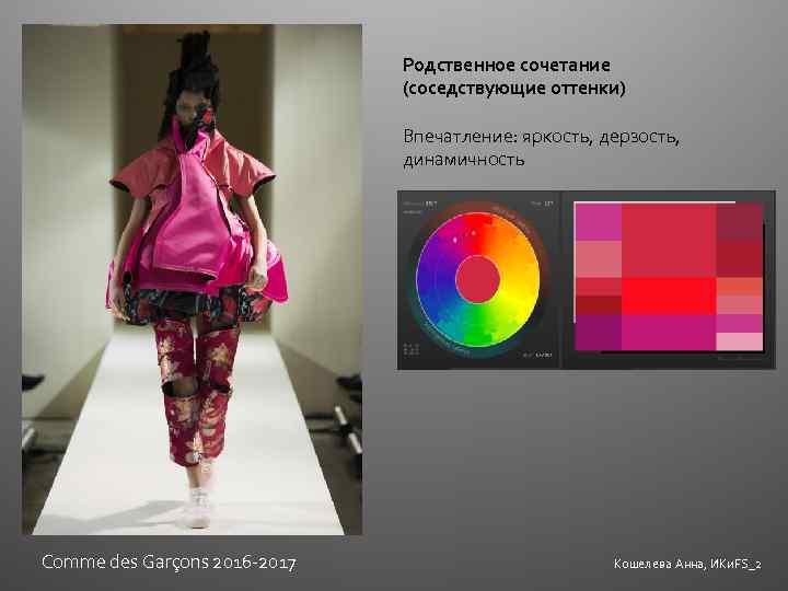 Родственное сочетание (соседствующие оттенки) Впечатление: яркость, дерзость, динамичность Comme des Garçons 2016 -2017 Кошелева
