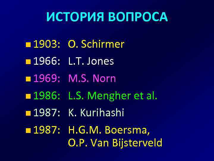 ИСТОРИЯ ВОПРОСА n 1903: n 1966: n 1969: n 1986: n 1987: O. Schirmer