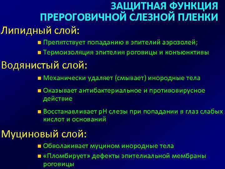 ЗАЩИТНАЯ ФУНКЦИЯ ПРЕРОГОВИЧНОЙ СЛЕЗНОЙ ПЛЕНКИ Липидный слой: n Препятствует попаданию в эпителий аэрозолей; n