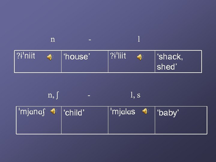 n ʔɨ niit ‘house’ n, ʃ mjɑnɑʃ ‘child’ l ʔɨ liit ‘shack, shed’ l,