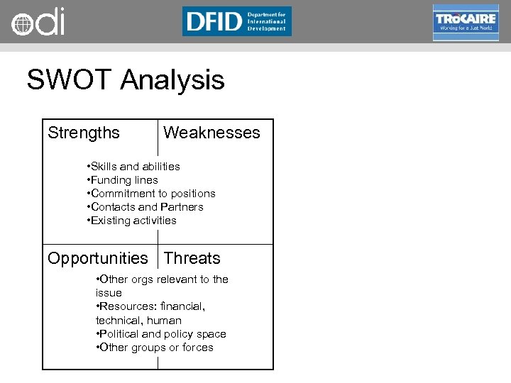 RAPID Programme SWOT Analysis Strengths Weaknesses • Skills and abilities • Funding lines •