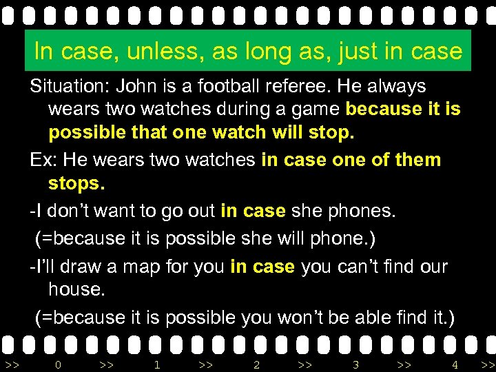 In case, unless, as long as, just in case Situation: John is a football