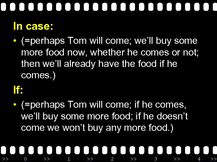 In case: • (=perhaps Tom will come; we’ll buy some more food now, whether