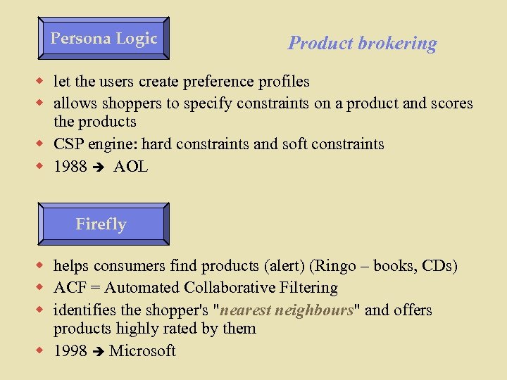 Persona Logic Product brokering w let the users create preference profiles w allows shoppers