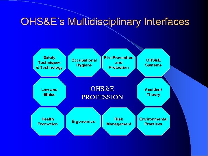 OHS&E’s Multidisciplinary Interfaces Safety Techniques & Technology Law and Ethics Health Promotion Occupational Hygiene