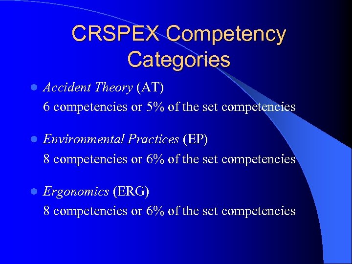 CRSPEX Competency Categories l Accident Theory (AT) 6 competencies or 5% of the set