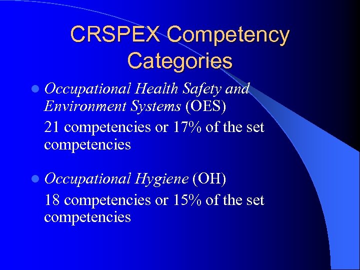 CRSPEX Competency Categories l Occupational Health Safety and Environment Systems (OES) 21 competencies or