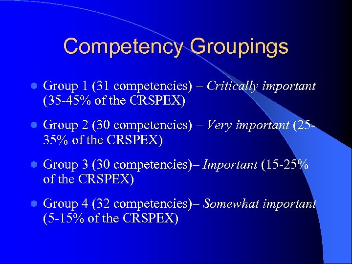 Competency Groupings l Group 1 (31 competencies) – Critically important (35 -45% of the