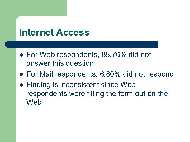 Internet Access l l l For Web respondents, 85. 76% did not answer this