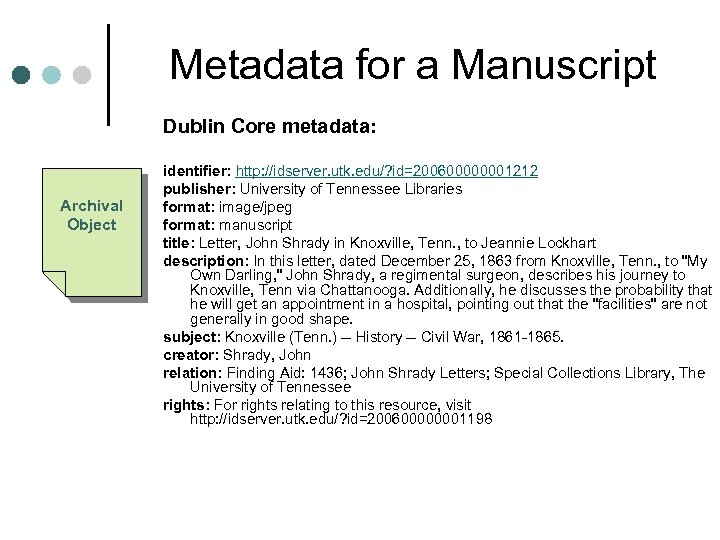 Metadata for a Manuscript Dublin Core metadata: Archival Object identifier: http: //idserver. utk. edu/?