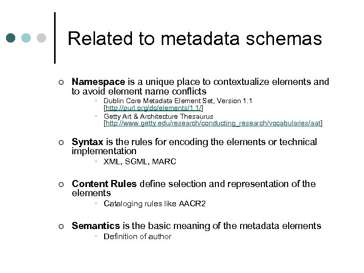 Related to metadata schemas ¢ Namespace is a unique place to contextualize elements and