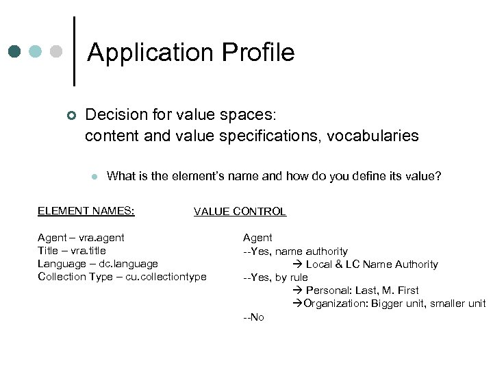 Application Profile ¢ Decision for value spaces: content and value specifications, vocabularies l What