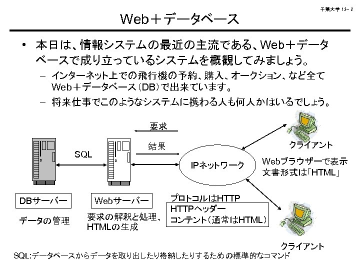 千葉大学 12 - 2 Web＋データベース • 本日は、情報システムの最近の主流である、Web＋データ ベースで成り立っているシステムを概観してみましょう。 – インターネット上での飛行機の予約、購入、オークション、など全て Web＋データベース（DB）で出来ています。 – 将来仕事でこのようなシステムに携わる人も何人かはいるでしょう。 要求