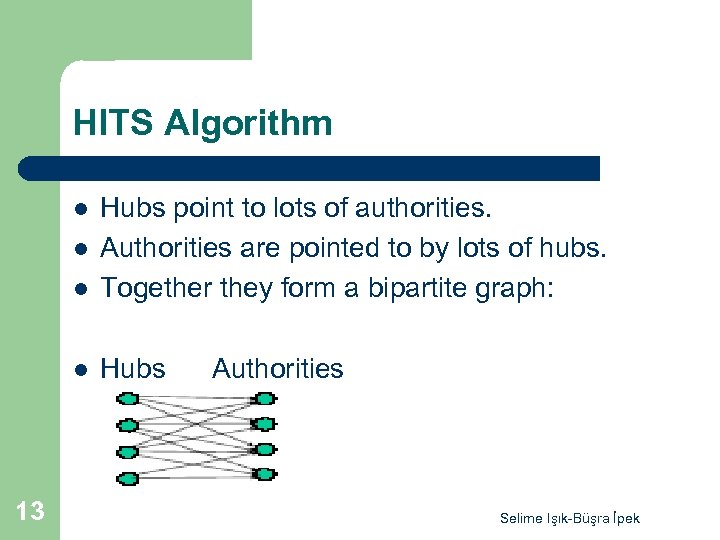 HITS Algorithm l Hubs point to lots of authorities. Authorities are pointed to by