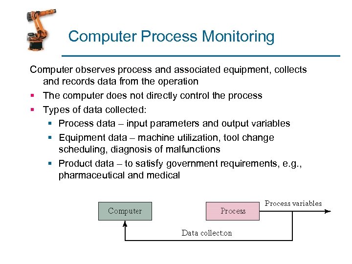 Computer Process Monitoring Computer observes process and associated equipment, collects and records data from