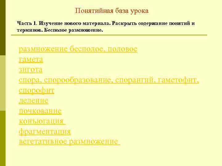 Понятийная база урока Часть 1. Изучение нового материала. Раскрыть содержание понятий и терминов. Бесполое