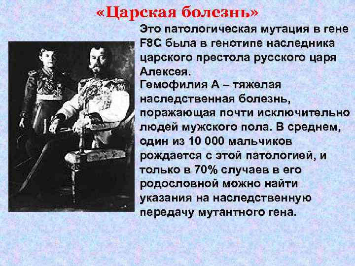  «Царская болезнь» Это патологическая мутация в гене F 8 C была в генотипе