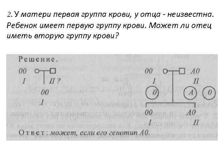 2. У матери первая группа крови, у отца - неизвестна. Ребенок имеет первую группу