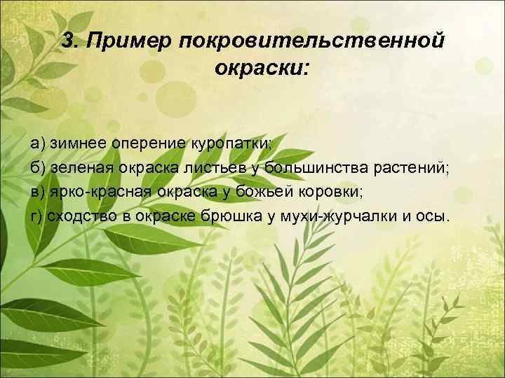 3. Пример покровительственной окраски: а) зимнее оперение куропатки; б) зеленая окраска листьев у большинства