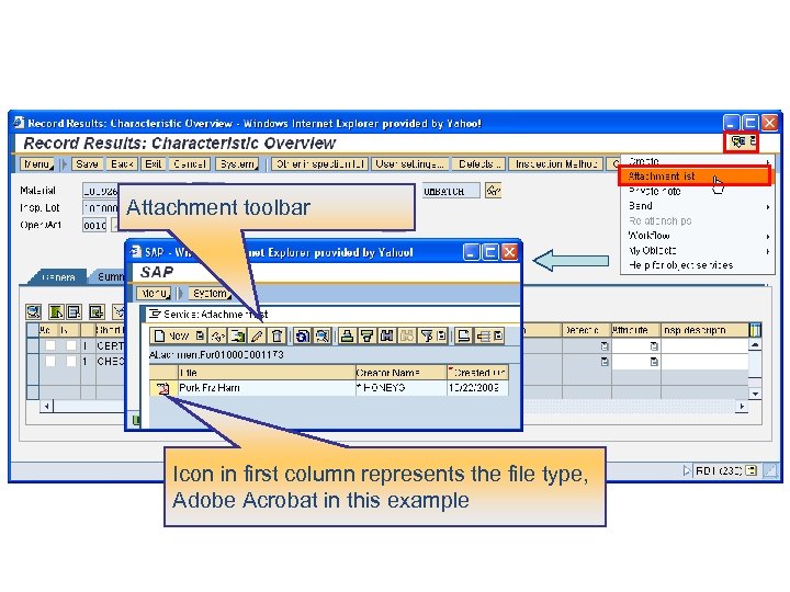 Attachment toolbar Icon in first column represents the file type, Adobe Acrobat in this