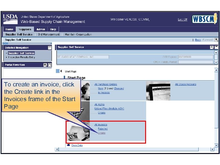 To create an invoice, click the Create link in the Invoices frame of the