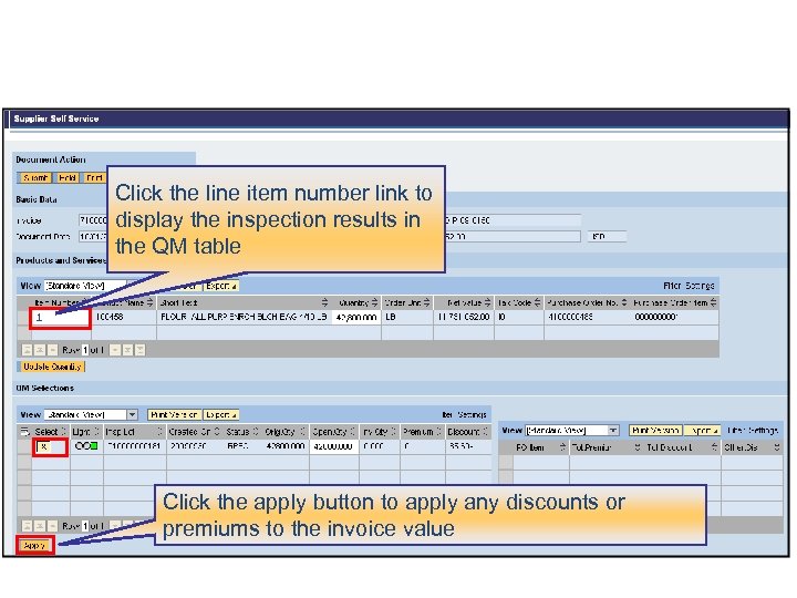 Click the line item number link to display the inspection results in the QM