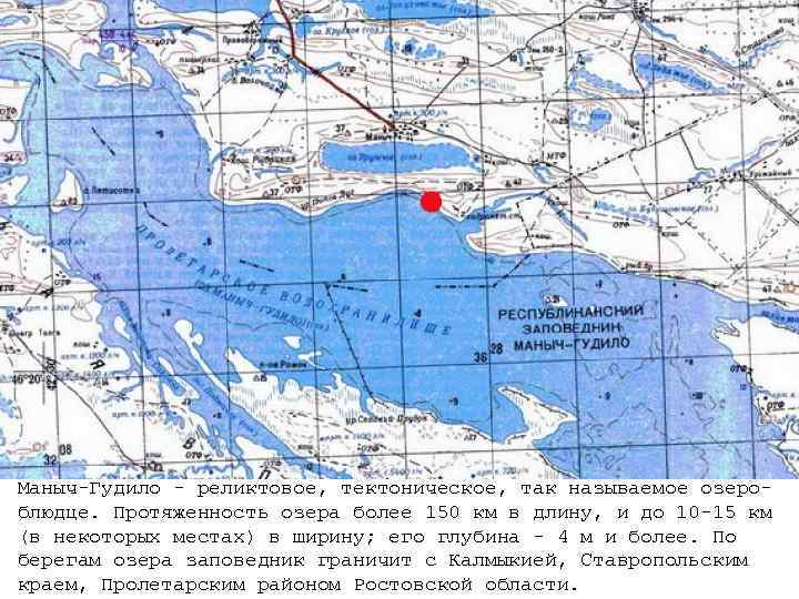 Маныч-Гудило - реликтовое, тектоническое, так называемое озероблюдце. Протяженность озера более 150 км в длину,