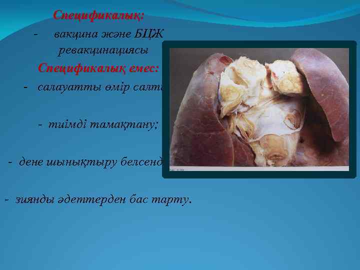 Спецификалық: - вакцина және БЦЖ ревакцинациясы Спецификалық емес: - салауатты өмір салты; - тиімді