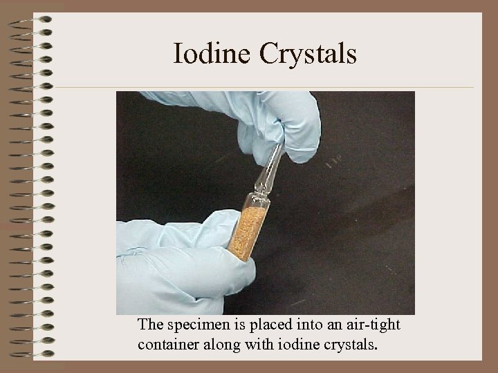 Iodine Crystals The specimen is placed into an air-tight container along with iodine crystals.