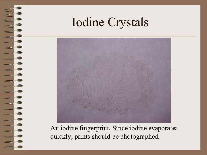 Iodine Crystals An iodine fingerprint. Since iodine evaporates quickly, prints should be photographed. 