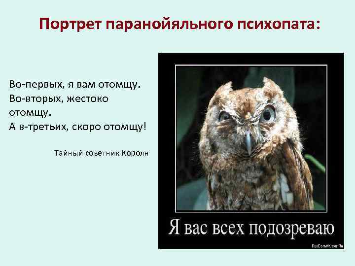 Портрет паранойяльного психопата: Во-первых, я вам отомщу. Во-вторых, жестоко отомщу. А в-третьих, скоро отомщу!