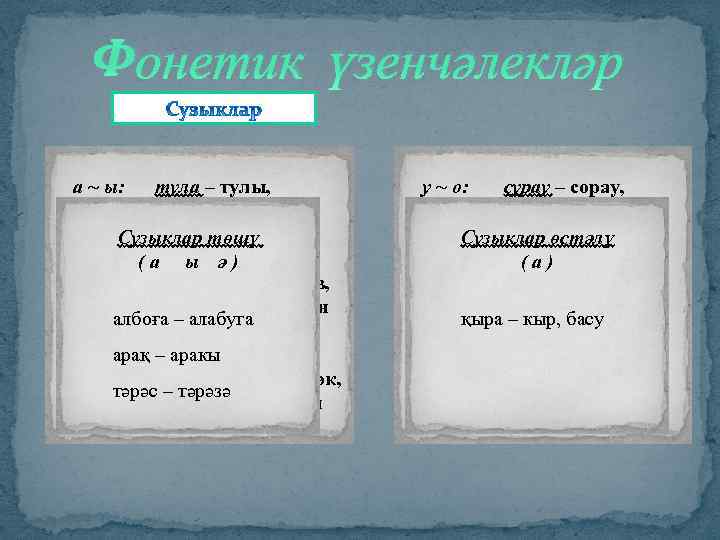 Фонетик үзенчәлекләр а ~ ы: тула – тулы, тура - туры ә ~ э(е):