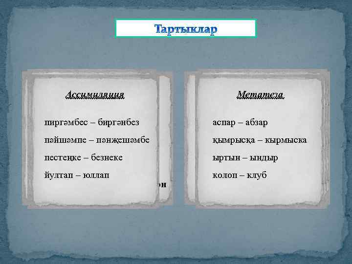 Авазлар төшү w ~ п: Ассимиляция қаwып – кабып асынта –таwып – табып астында