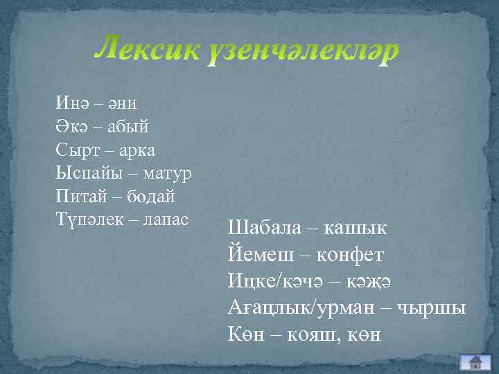 Инә – әни Әкә – абый Сырт – арка Ыспайы – матур Питай –