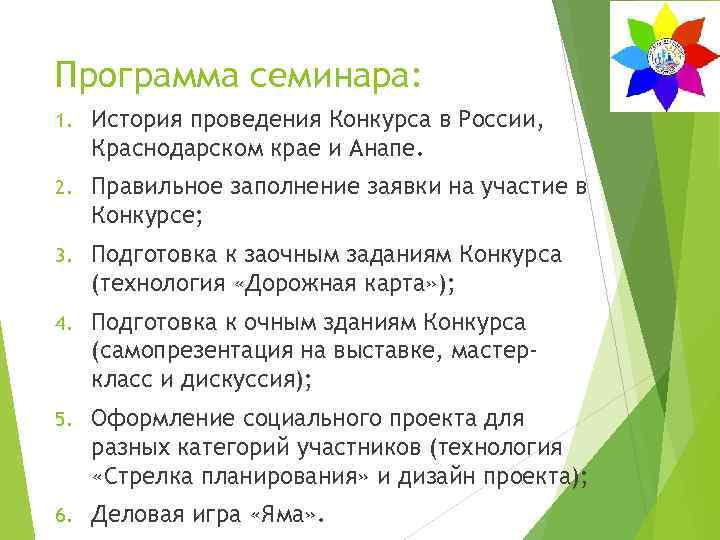 Программа семинара: 1. История проведения Конкурса в России, Краснодарском крае и Анапе. 2. Правильное