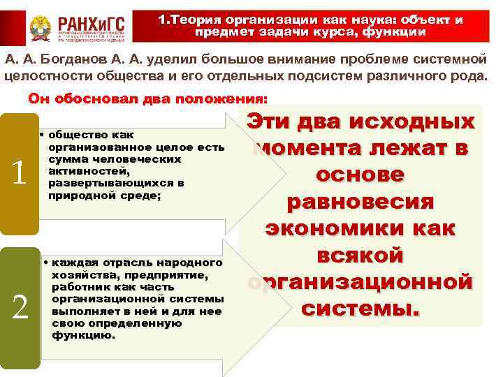 1. Теория организации как наука: объект и предмет задачи курса, функции А. А. Богданов