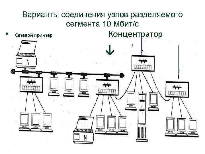  • Варианты соединения узлов разделяемого сегмента 10 Мбит/с Сетевой принтер Концентратор ↓ 