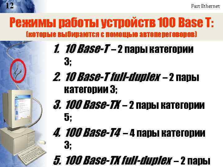 12 Fast Ethernet Режимы работы устройств 100 Base T: (которые выбираются с помощью автопереговоров)