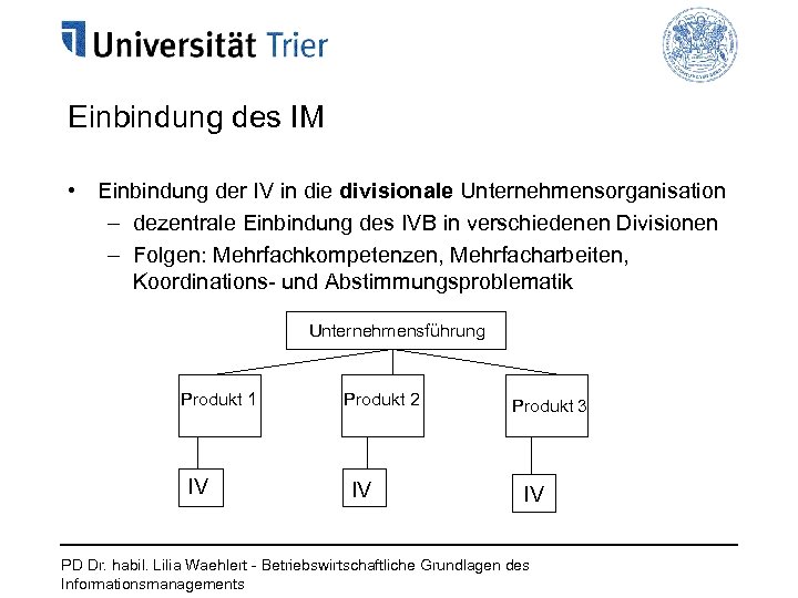Einbindung des IM • Einbindung der IV in die divisionale Unternehmensorganisation – dezentrale Einbindung