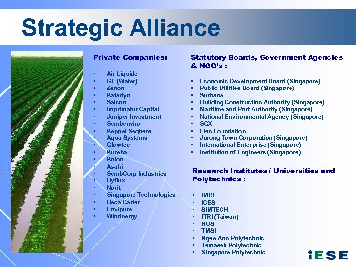Strategic Alliance Private Companies: • • • • • • Air Liquide GE (Water)
