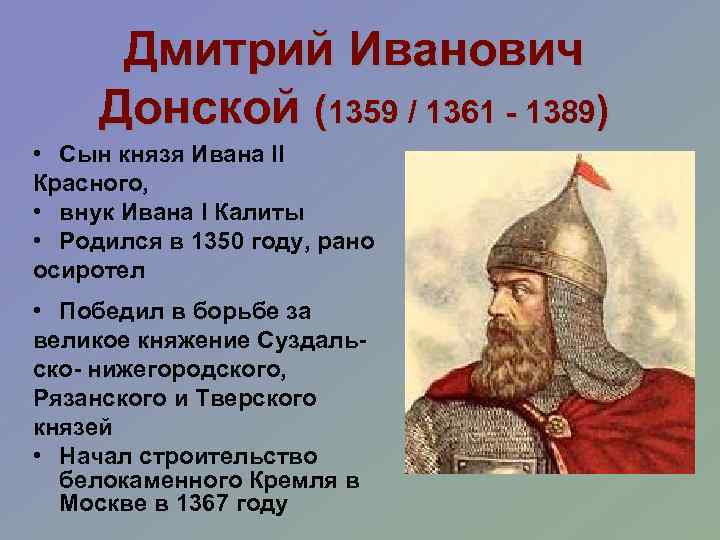 Дмитрий Иванович Донской (1359 / 1361 - 1389) • Сын князя Ивана II Красного,