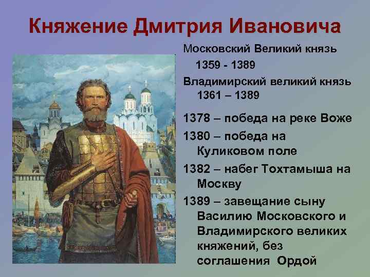 Княжение Дмитрия Ивановича Московский Великий князь 1359 - 1389 Владимирский великий князь 1361 –