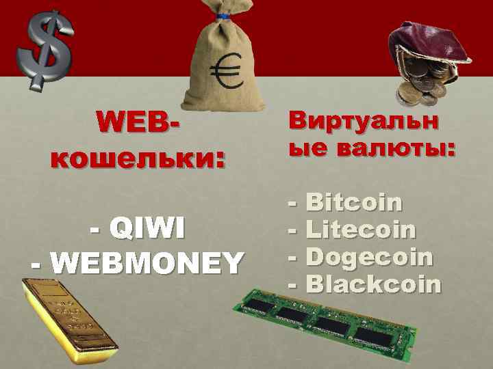 WEBкошельки: Виртуальн ые валюты: - QIWI - WEBMONEY - Bitcoin - Litecoin - Dogecoin