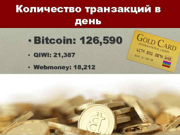 Количество транзакций в день • Bitcoin: 126, 590 • QIWI: 21, 387 • Webmoney: