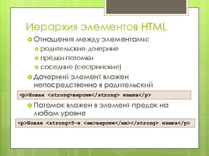 Иерархия элементов HTML Отношения между элементами: родительские-дочерние предки-потомки соседние (сестринские) Дочерний элемент вложен непосредственно