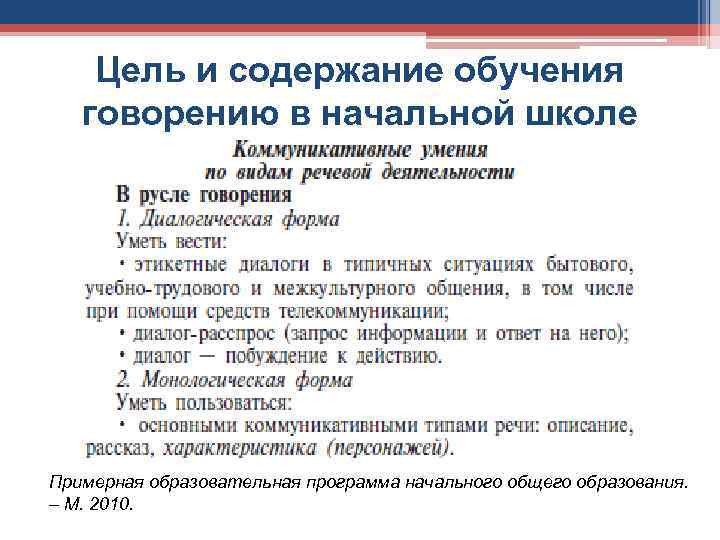 Цель и содержание обучения говорению в начальной школе Примерная образовательная программа начального общего образования.