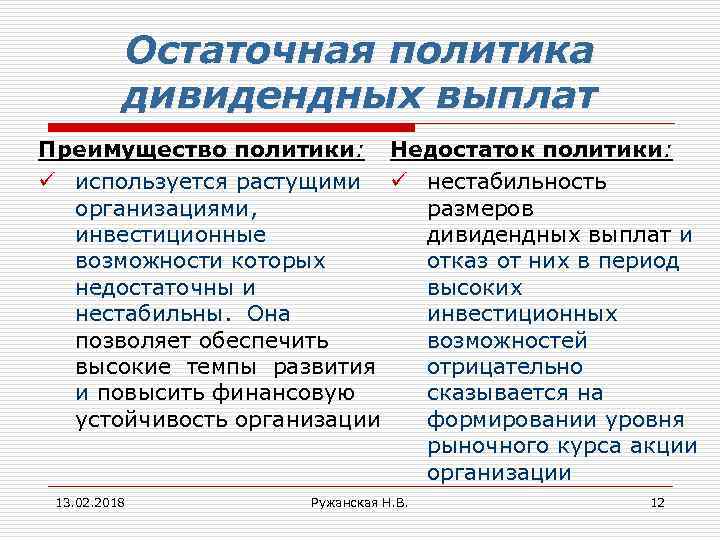 Остаточная политика дивидендных выплат Преимущество политики: Недостаток политики: ü используется растущими ü нестабильность организациями,