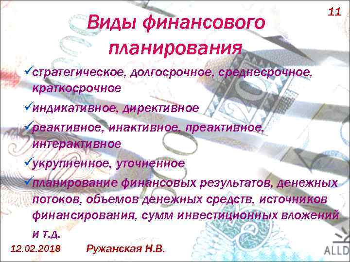 Виды финансового планирования 11 üстратегическое, долгосрочное, среднесрочное, краткосрочное üиндикативное, директивное üреактивное, инактивное, преактивное, интерактивное